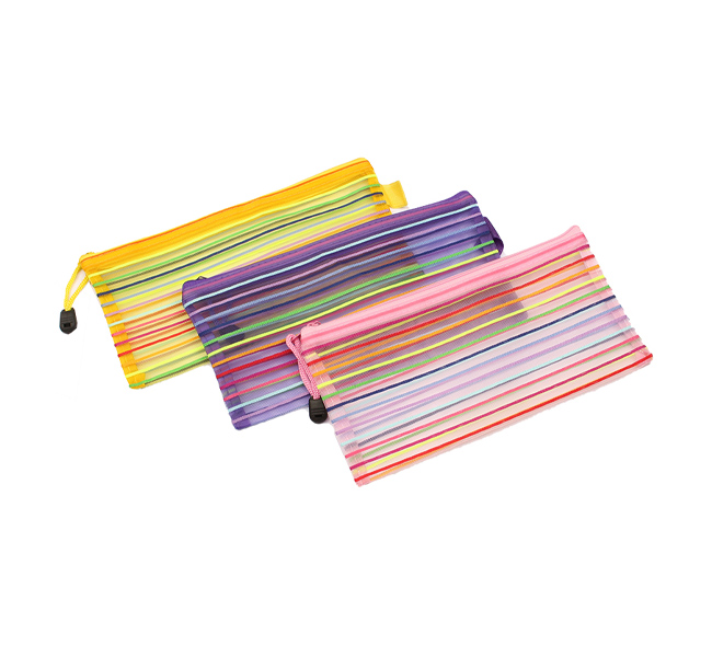 جامدادی کیسه ای زیپ دار  سایز 22*12 مدل راه راه توری رنگی