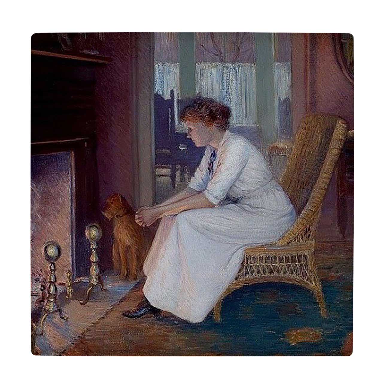  کاشی کارنیلا طرح نقاشی بانو و سگ کنار شومینه کد wkk586