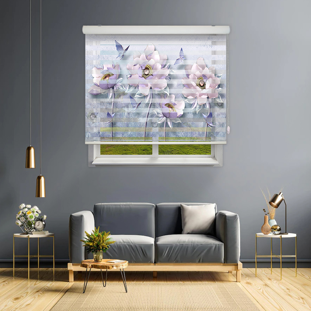 پرده زبرا مدل 3D گل و پروانه کد FLW-18 سایز 160x180 سانتی متر