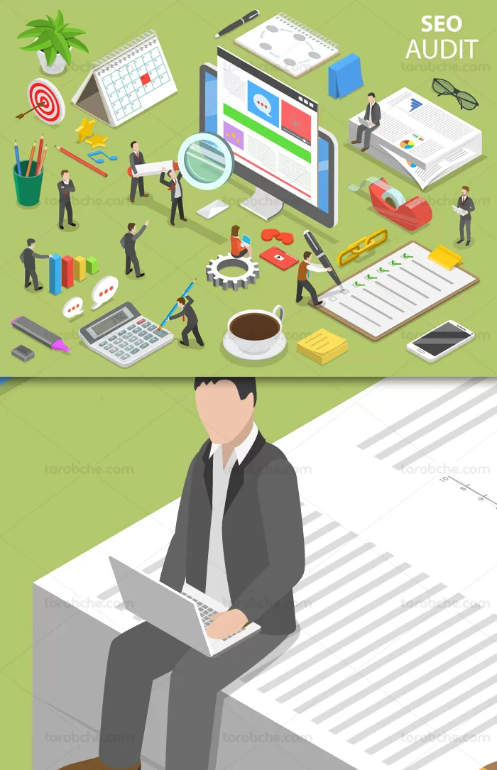 وکتور طرح مفهومی و ایزومتریک بررسی سئوی سایت | گرافیک با طعم تربچه