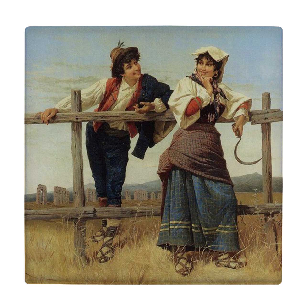 کاشی طرح نقاشی عشاق و منظره روستایی کد wk3612