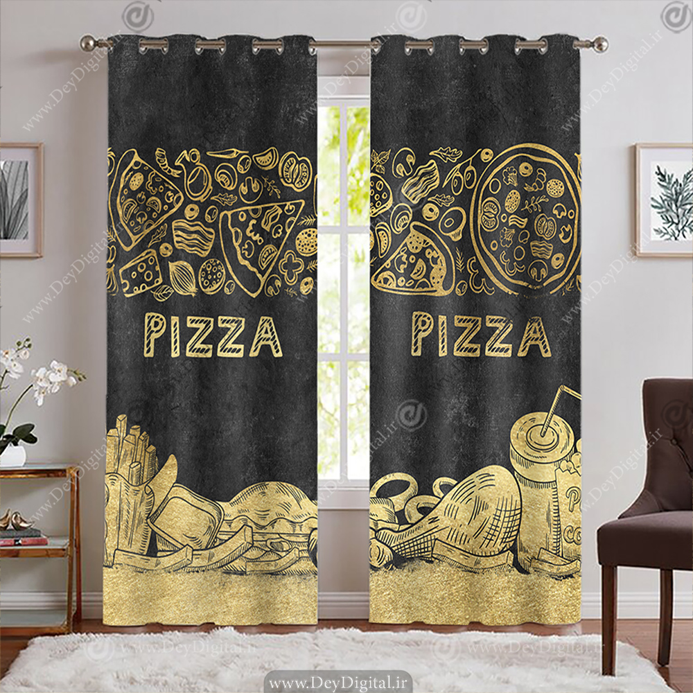 پرده طرح فست فود و سخاری طلایی مشکی BA-9612-s