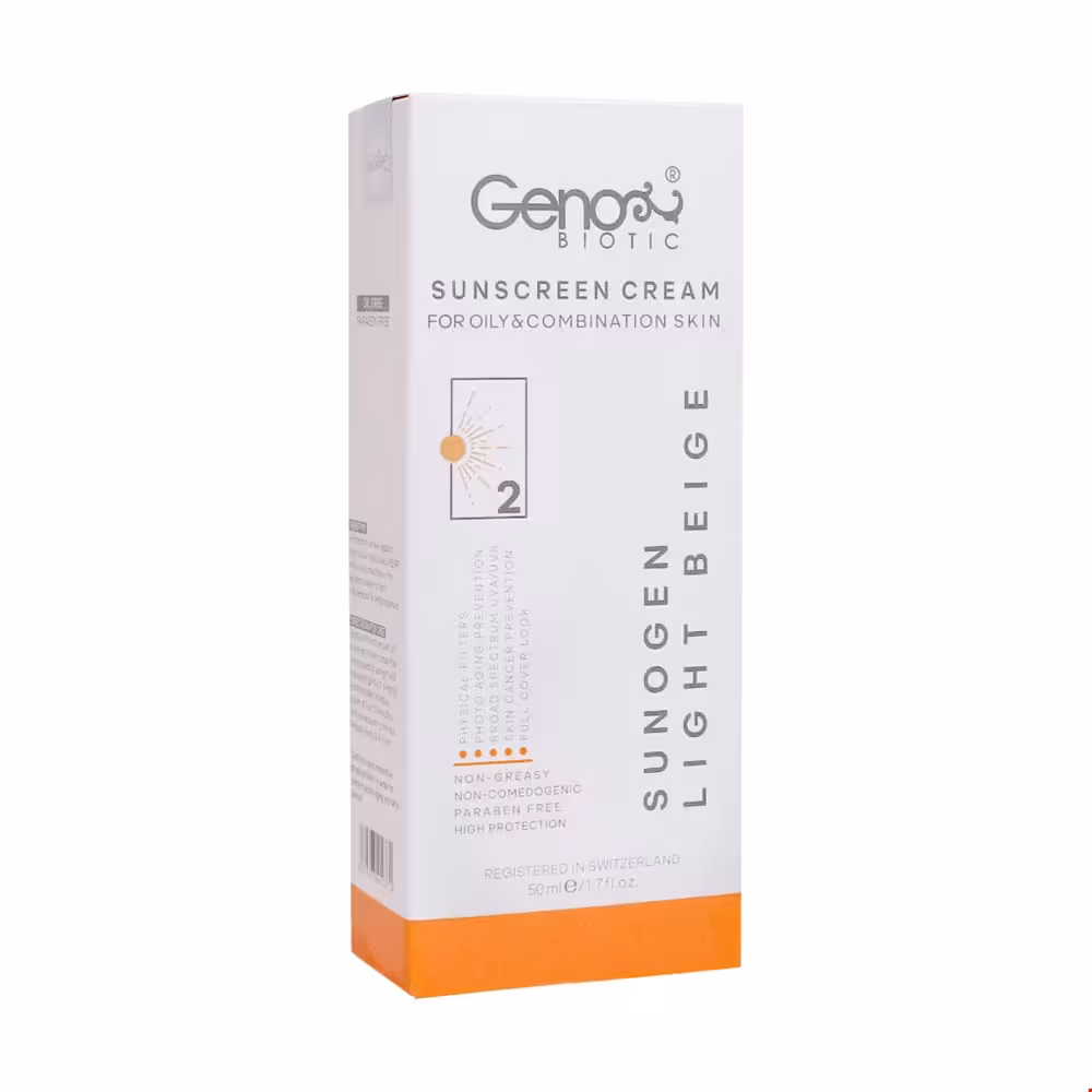 کرم ضد آفتاب ژنوبایوتیک SPF50 بژ روشن مناسب پوست های چرب و مختلط 50 گرم