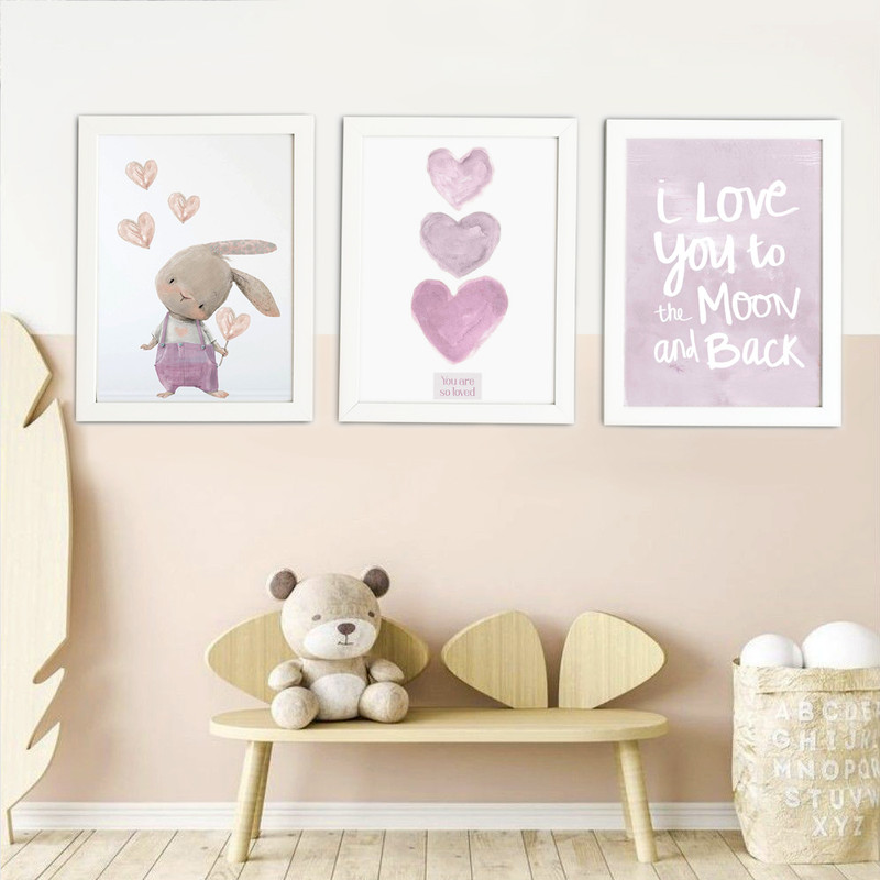 تابلو کودک مدل دکوراتیو خرگوش و قلب و love بسته 3 عددی | دنیای قاب