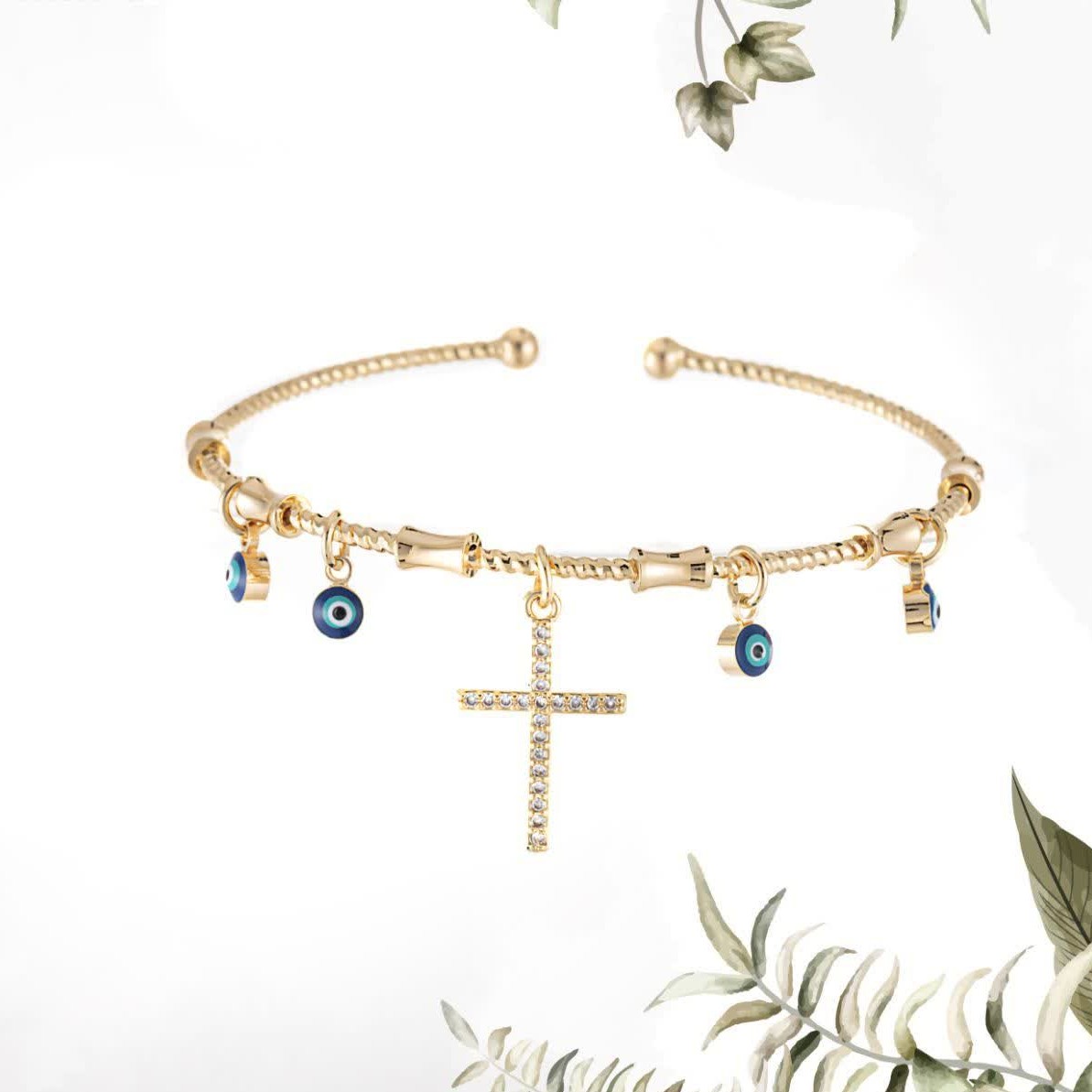 دستبند النگویی طرح صلیب نگین دار طلایی رنگ بسیار زیبا