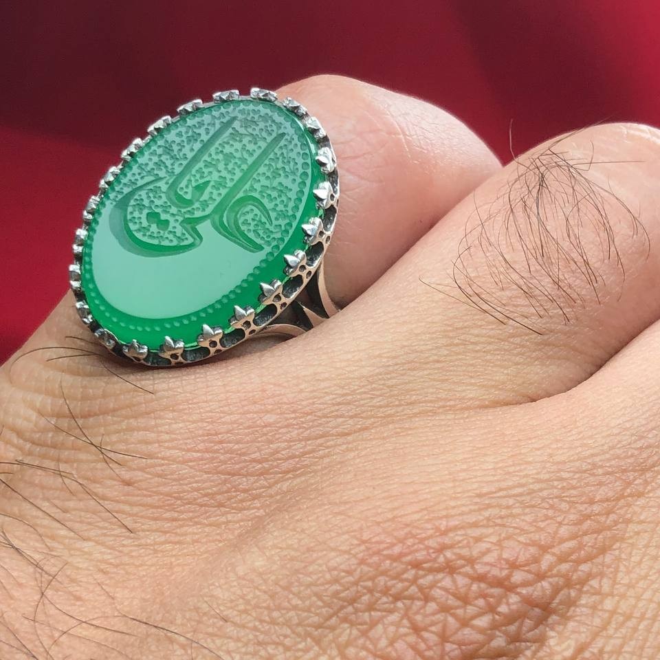 انگشترمردانه پرفروش عقیق سبزخطی نقش یاعلی نقره عیار925