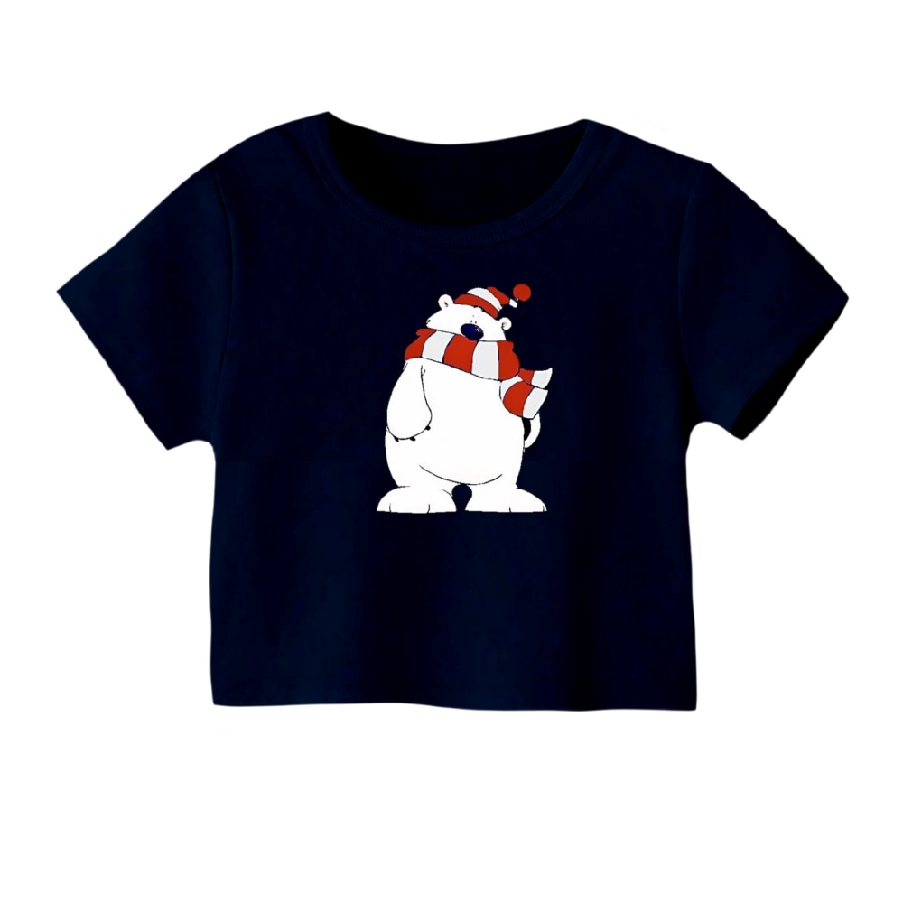 کراپ‌ تی‌شرت آستین کوتاه زنانه مدل خرس کریسمس کد 7 رنگ سورمه ای