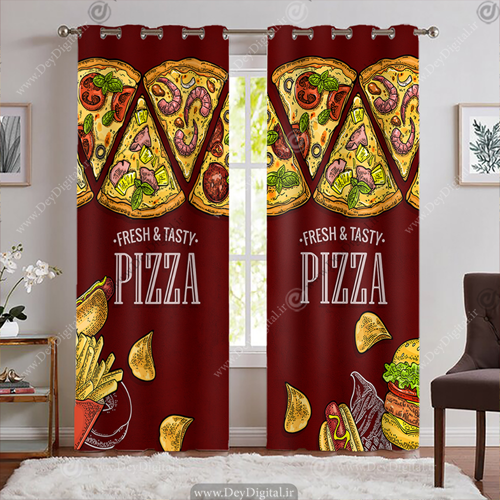 پرده طرح پیتزا و فست فود زمینه قرمز با عنوان تازه و خوشمزه BA-7655-s