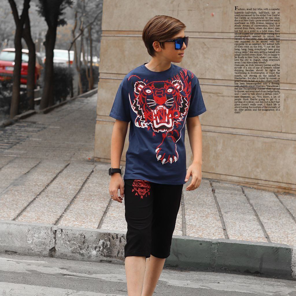 لباس کودک پوشاک بچگانه ست ببر پسرانه تیشرت شلوارک نخ پنبه لاکرارجلو و پشت کار چاپی پسرانه تیشرت شلوارک تابستانی پسرانه