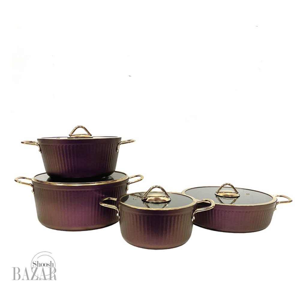 سرویس قابلمه 8 پارچه بادمجانی فلورانس درب طلایی یونیک کد 8404