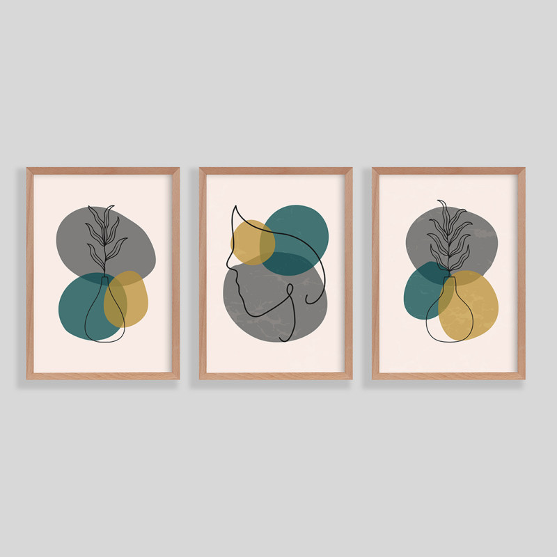 تابلو مدل دکوراتیو مینیمال برگ و گلدان مجموعه سه عددی