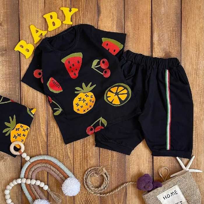 لباس بچه تیشرت و شلوارک طرح میوه یه ست  اسپرت مناسب دختر و پسر لباس بچگانه