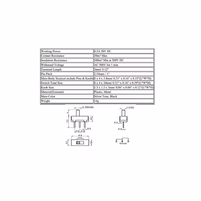 کلید کشویی مینیاتوری دو حالته مدل KM-KV01D بسته 36 عددی