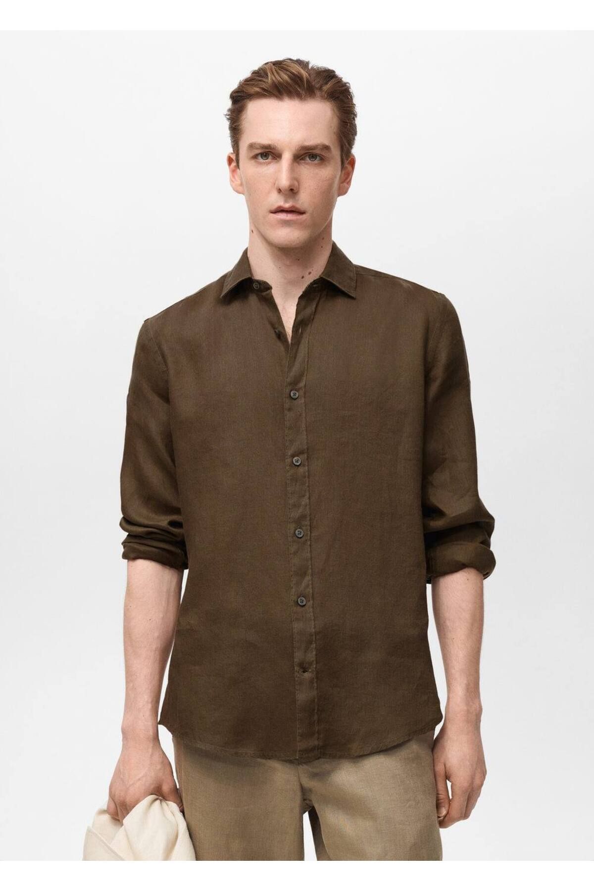 پیراهن / بلوز دکمه دار سبز مردانه مناسب 100 ٪ کتانی MANGO Man