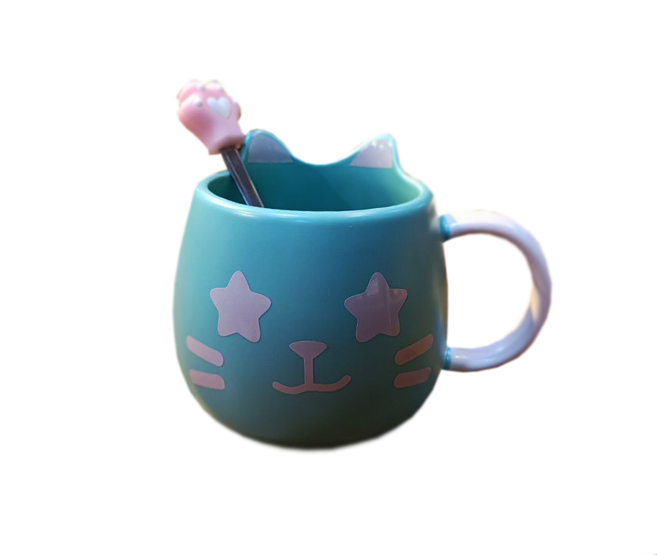 ماگ سرامیکی با قاشق طرح گربه آبی کد 9523