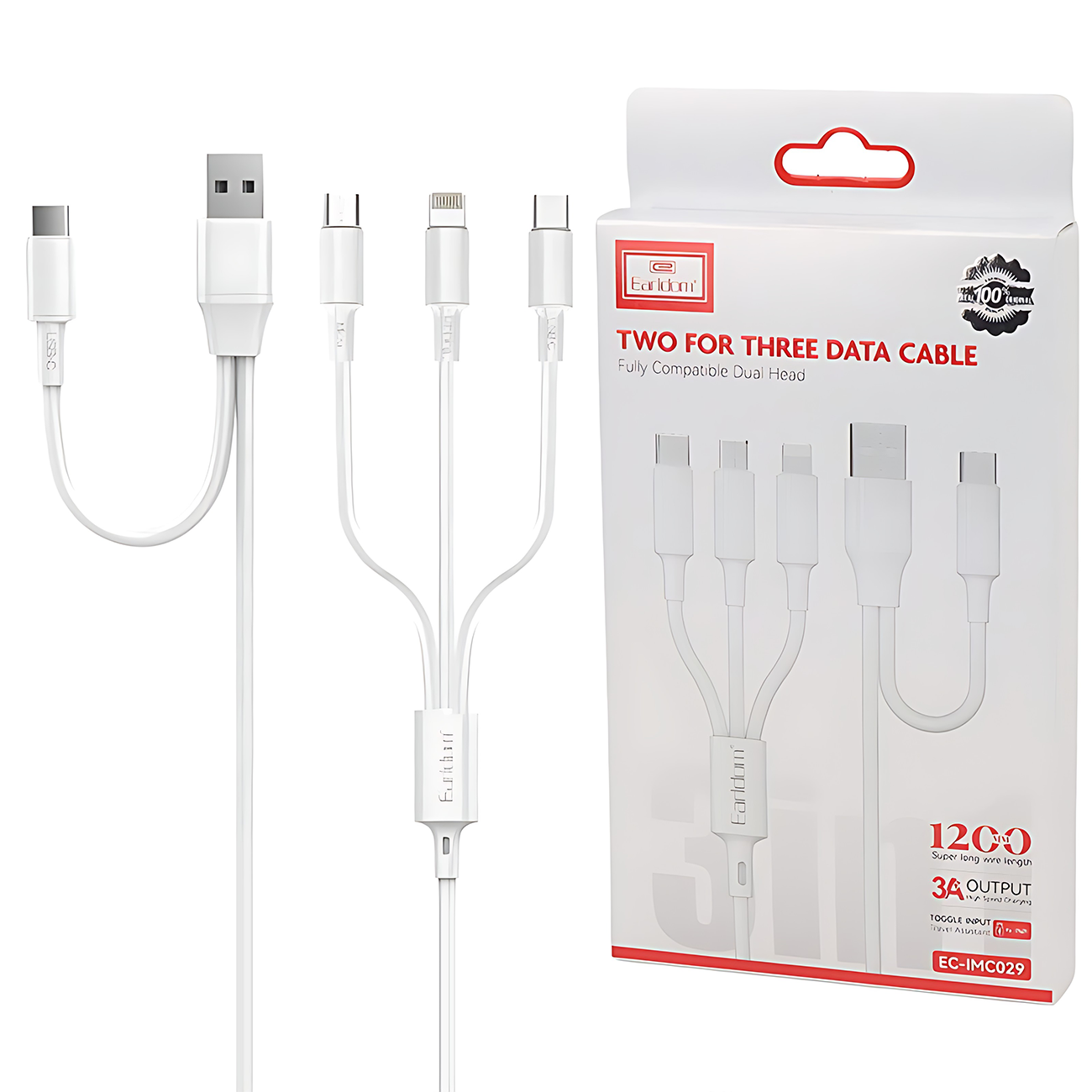 کابل فست شارژ چندسر تایپ‌سی و یو‌اس‌بی به تایپ‌سی، لایتنینگ و میکرو 3 آمپر 1.2 متری ارلدام EC-IMC029