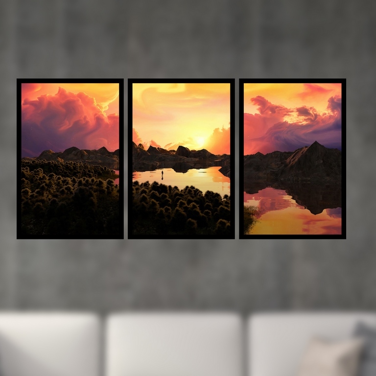تابلو بکلیت طرح نقاشی فانتزی طلوع آفتاب مدل B-S4926 مجموعه 3 عددی