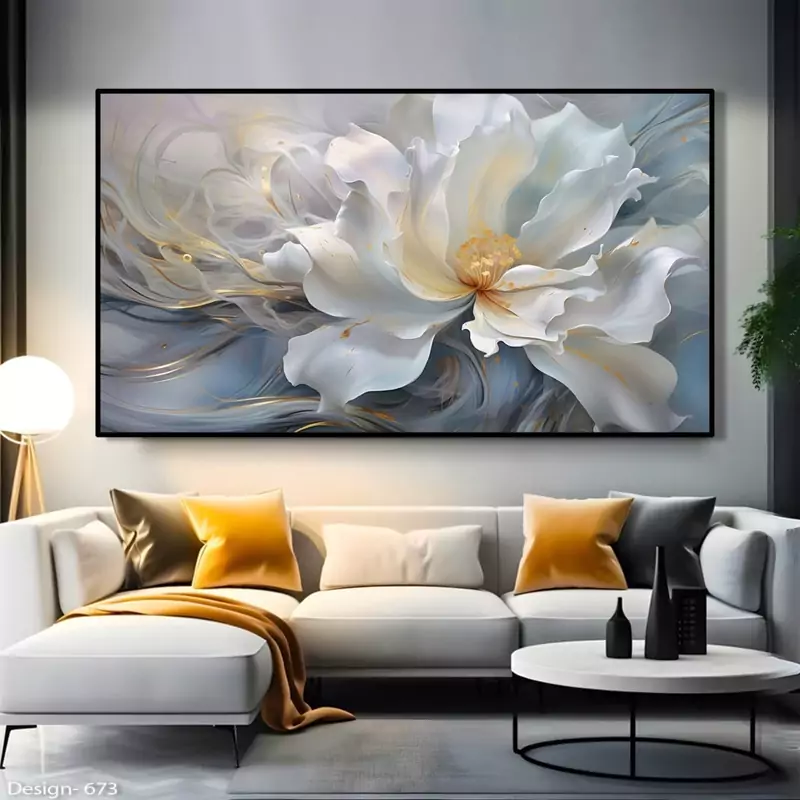 تابلو دکوراتیو   گلهای مواج دو سفید طلایی یک تیکه | دنیای قاب