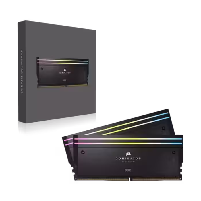 رم دسکتاپ 64 گیگ کورسیر DDR5 دارای RGB مدل Dominator Titanium RGB (2x32GB) DDR5 6000MHz CL30  ظرفیت 64 گیگابایت (کم کارکرد همراه با کارتن و گارانتی)