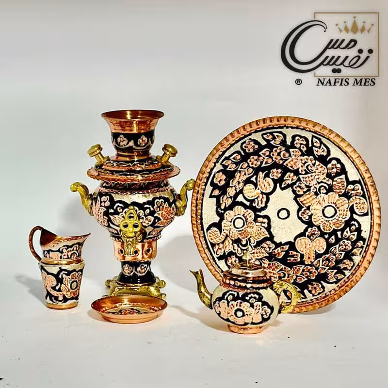 سماور مسی نقره کوبی شده مینیاتوری طرح شفق با سرویس کامل