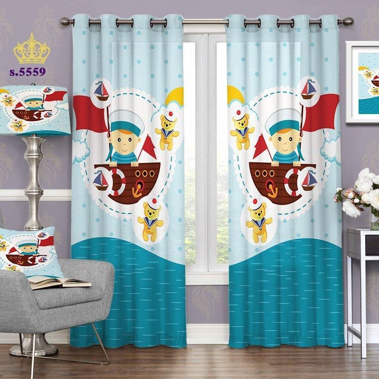 پرده اتاق خواب کودک پسرانه دو قواره پانچ طرح خرس و ملوان کوچولو کد S5559