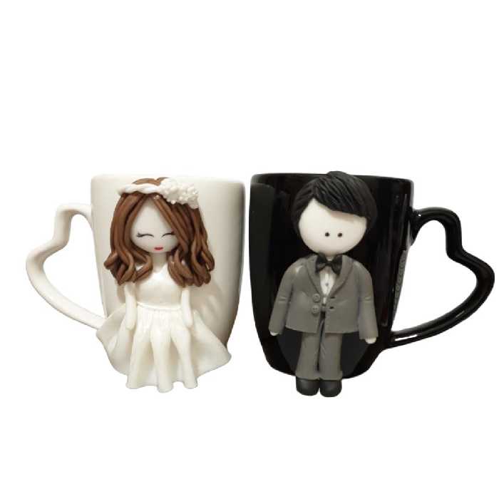 ماگ مدل عروس داماد طرح دسته قلبی کد R121 مجموعه 2 عددی