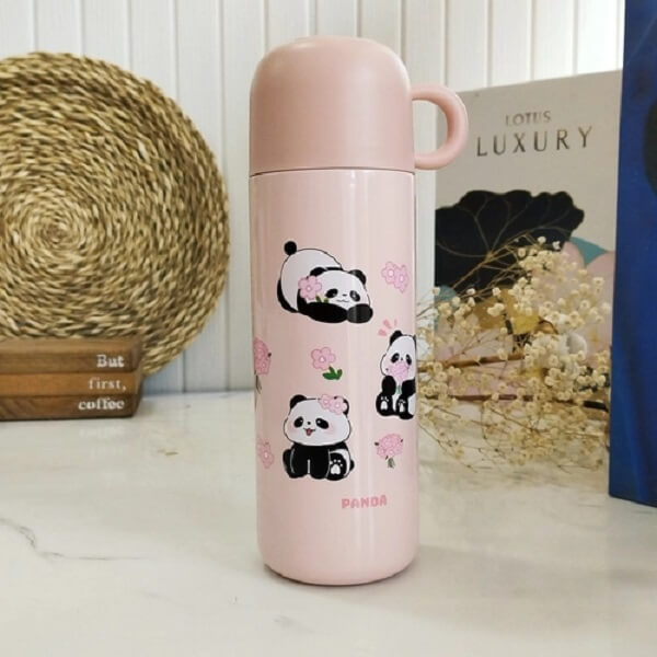 فلاسک استیل طرح پاندا رنگ صورتی