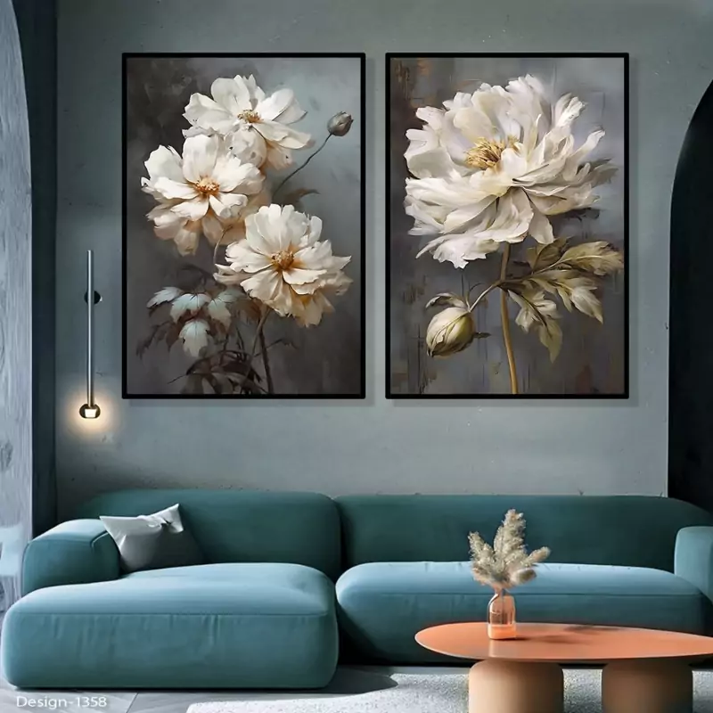 تابلو دکوراتیو گلهای میخک سفید دو تیکه منظم | دنیای قاب