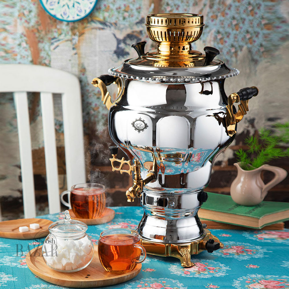 سماور گازسوز عالی نسب مدل نقشینه نفیس طلایی 6 لیتری