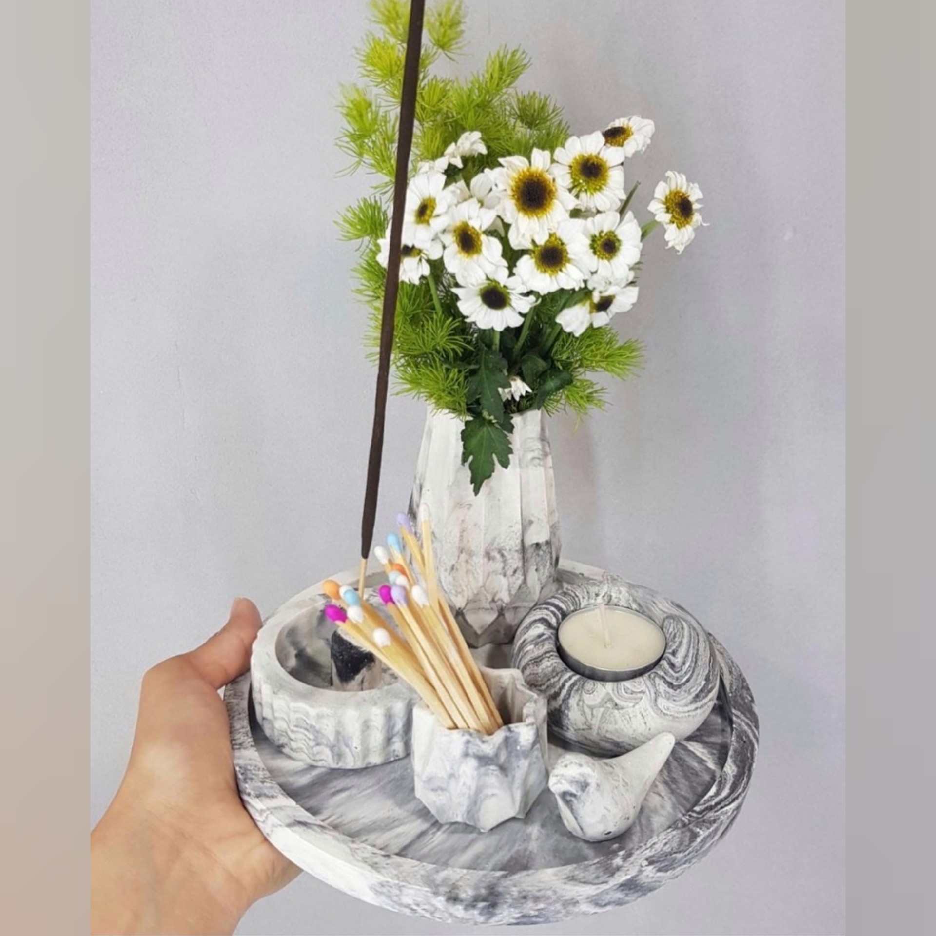 ست دکوری سنگی آرامش رنگ خاکستری شمع هدیه