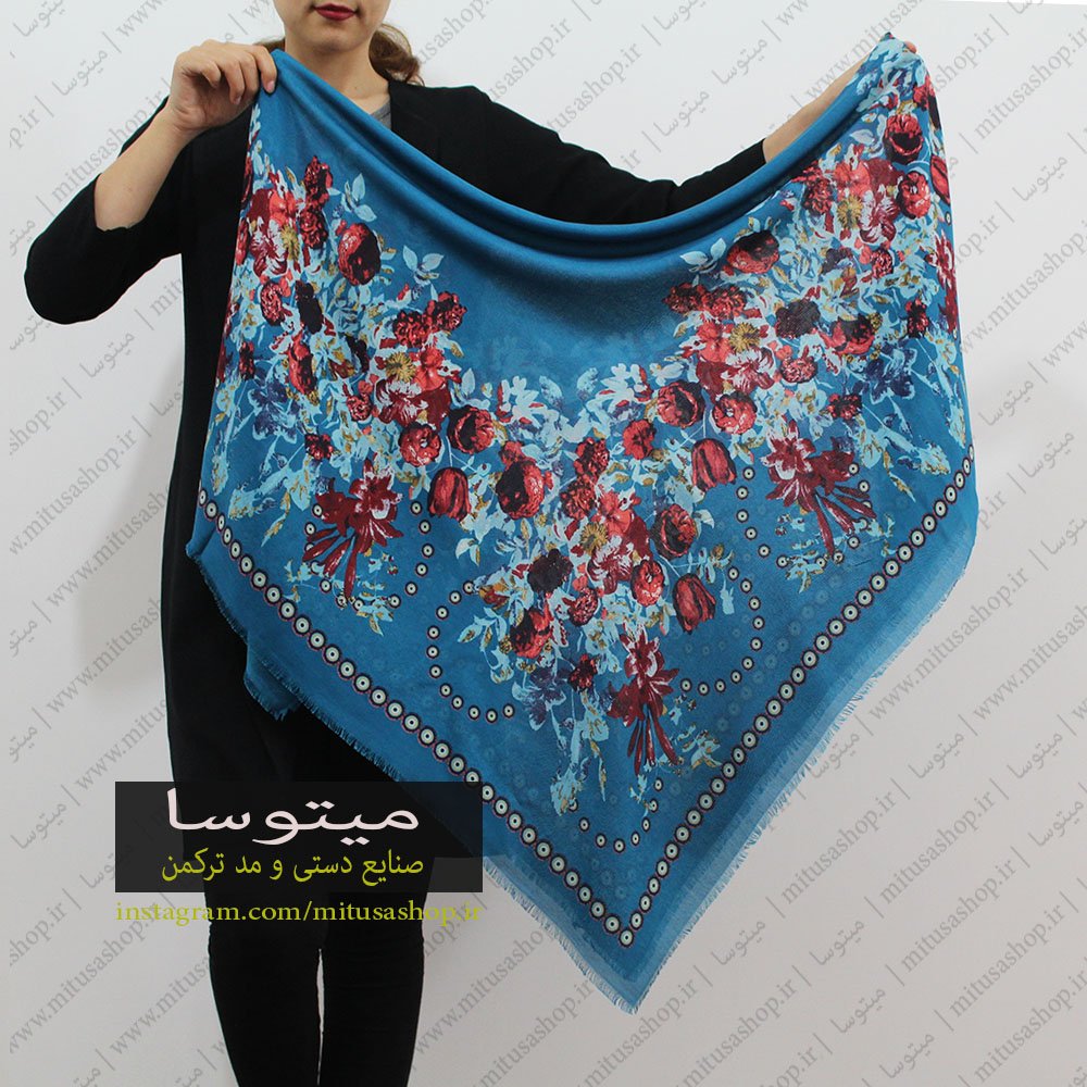 روسری ترکمن نخ ترک  طرح اجه ناز آبی نفتی