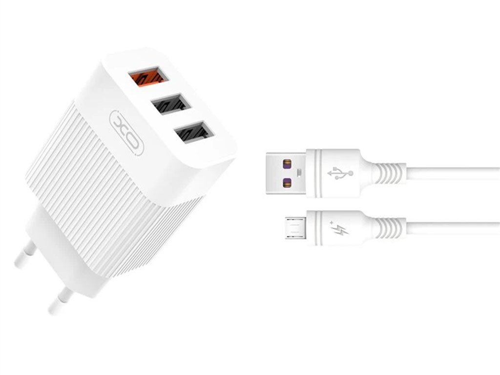 شارژر دیواری یو اس بی 2.1 آمپر و کابل شارژ میکرو یو اس بی یک متری ایکس او XO L72 EU Quick Charger 2.1A With 3 USB Ports And Micro cable