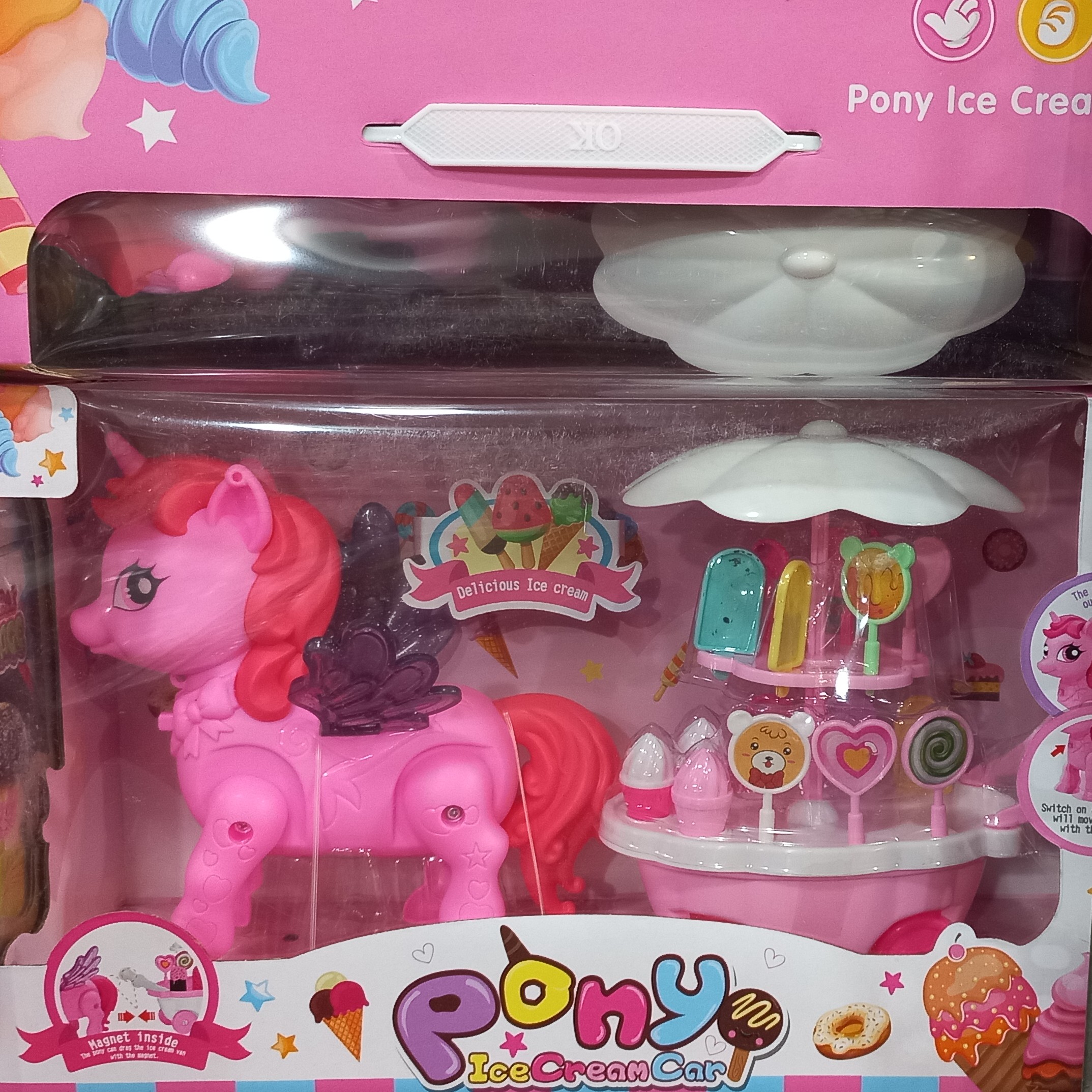 اسب تک شاخ بالدار حرکتی باطری خور موزیکال با چرخ بستنی فروش اسباب بازی