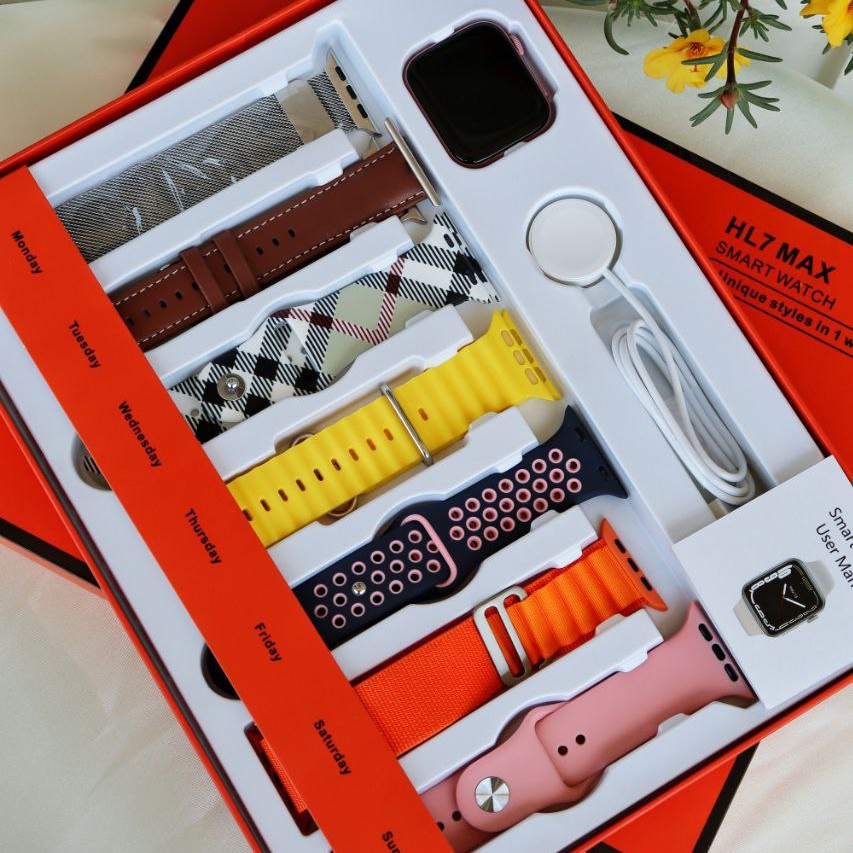 پک لوکس ساعت هوشمند با شارژر وایرلس بی سیم و 7 بند اپل واچ متنوع بالاترین کیفیت ممکن غیرقابل تشخیص با اپل