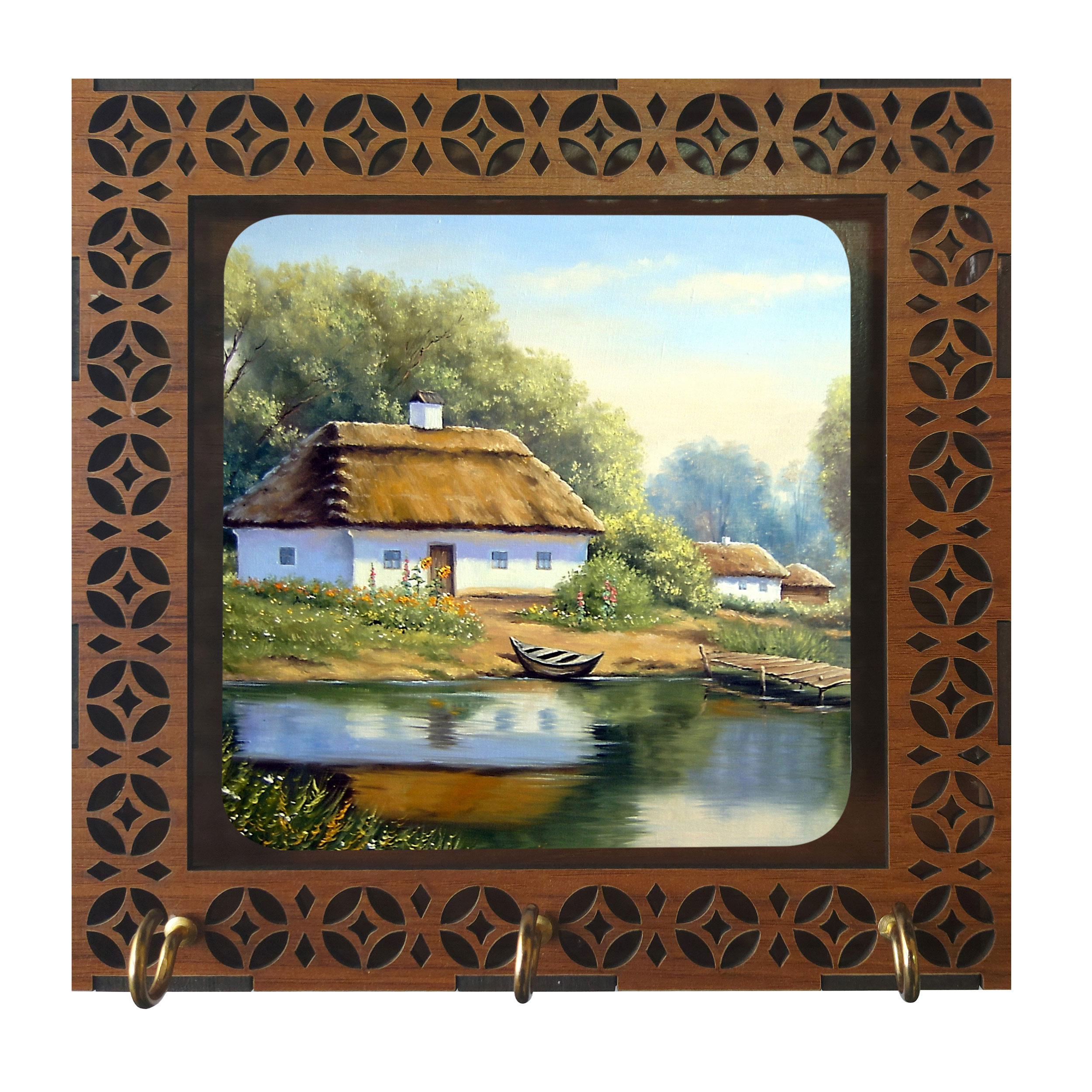 جا کلیدی مدل D1014 طرح نقاشی منظره جنگل و کلبه و برکه و قایق 