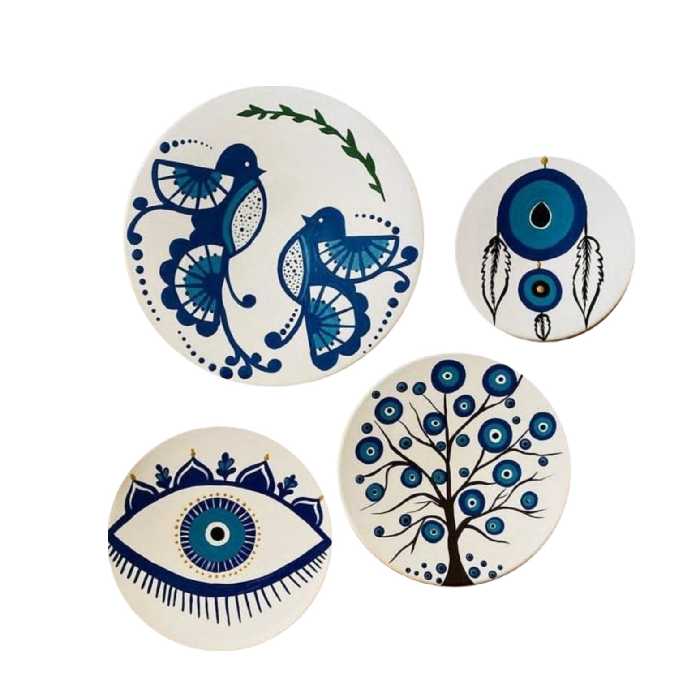 بشقاب دیوارکوب سفالی طرح چشم نظر کد 210 مجموعه 4 عددی