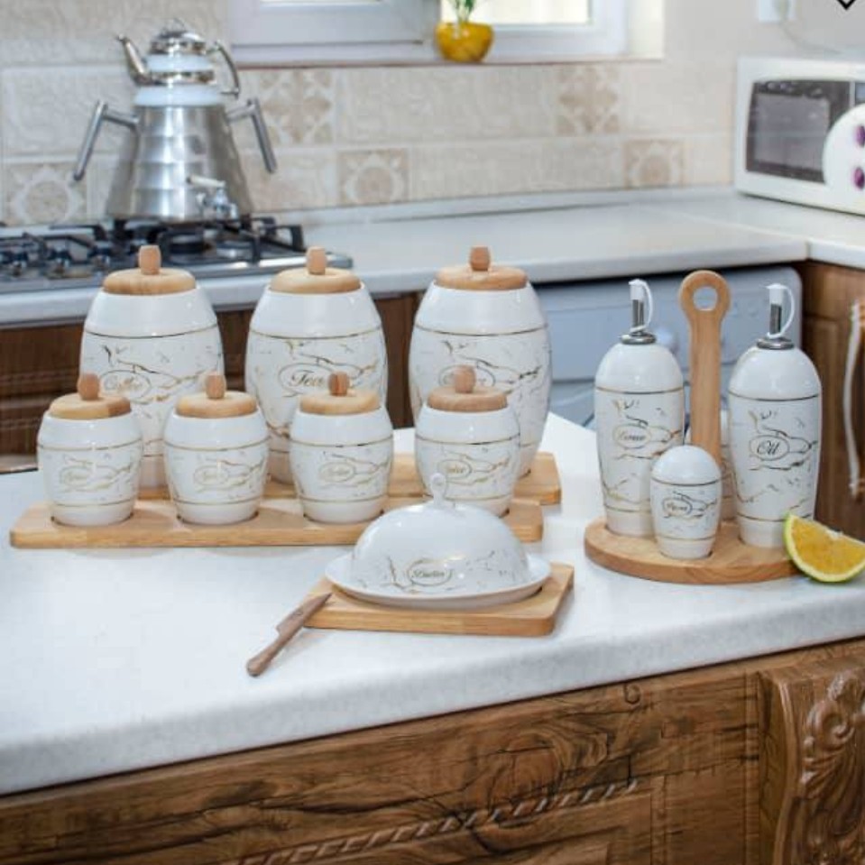 سرویس ادویه پاسماوری چینی کاغذی گرد روکا آب طلا، در 3 طرح زیبا (A نیلوفر) (B کادری) (C ماربل) ، کد (4064)