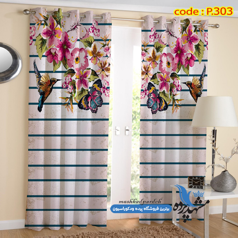 پرده پانچ گلدار طرح گل و پروانه کد p-303