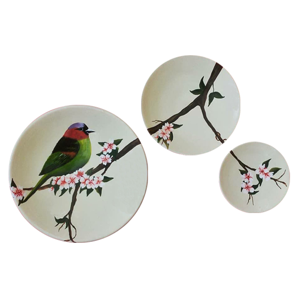 بشقاب دیوارکوب سفالی طرح پرنده کد D93-A مجموعه 3 عددی