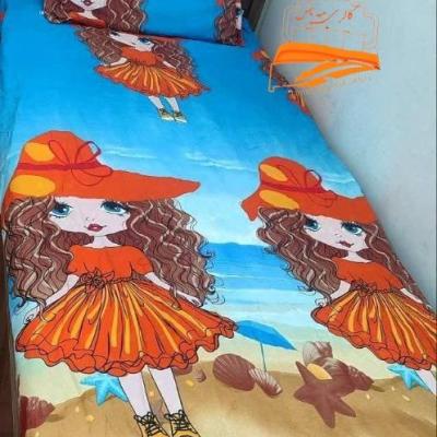 روتختی نیم ست 1نفره 2تیکه طرح دختر موفرفری لباس نارنجی