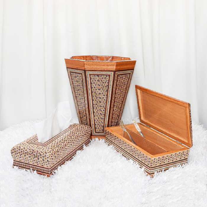 ست جعبه دستمال کاغذی کشویی و جاکارد و چنگالی لولادار و سطل زباله خاتم کاری(مدل معمولی)(گارانتی 120 ماهه)