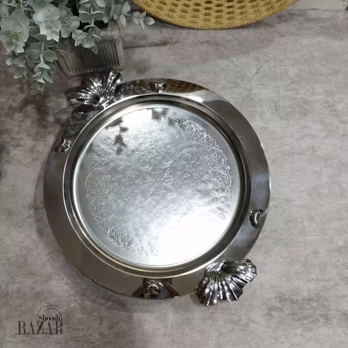 سینی استیل گرد پایه دار داخل طرح دار