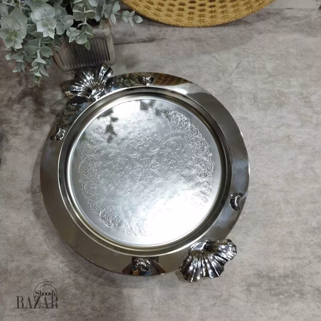 سینی استیل گرد پایه دار داخل طرح دار