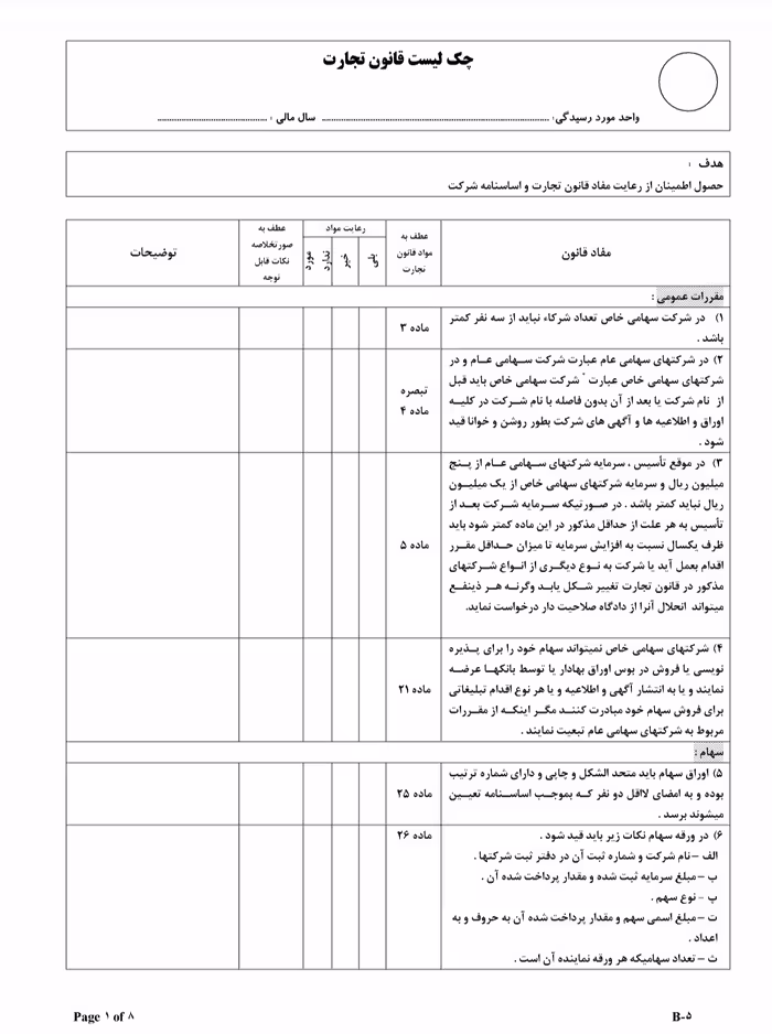 دانلود چک ‌لیست رعایت مفاد قانون تجارت