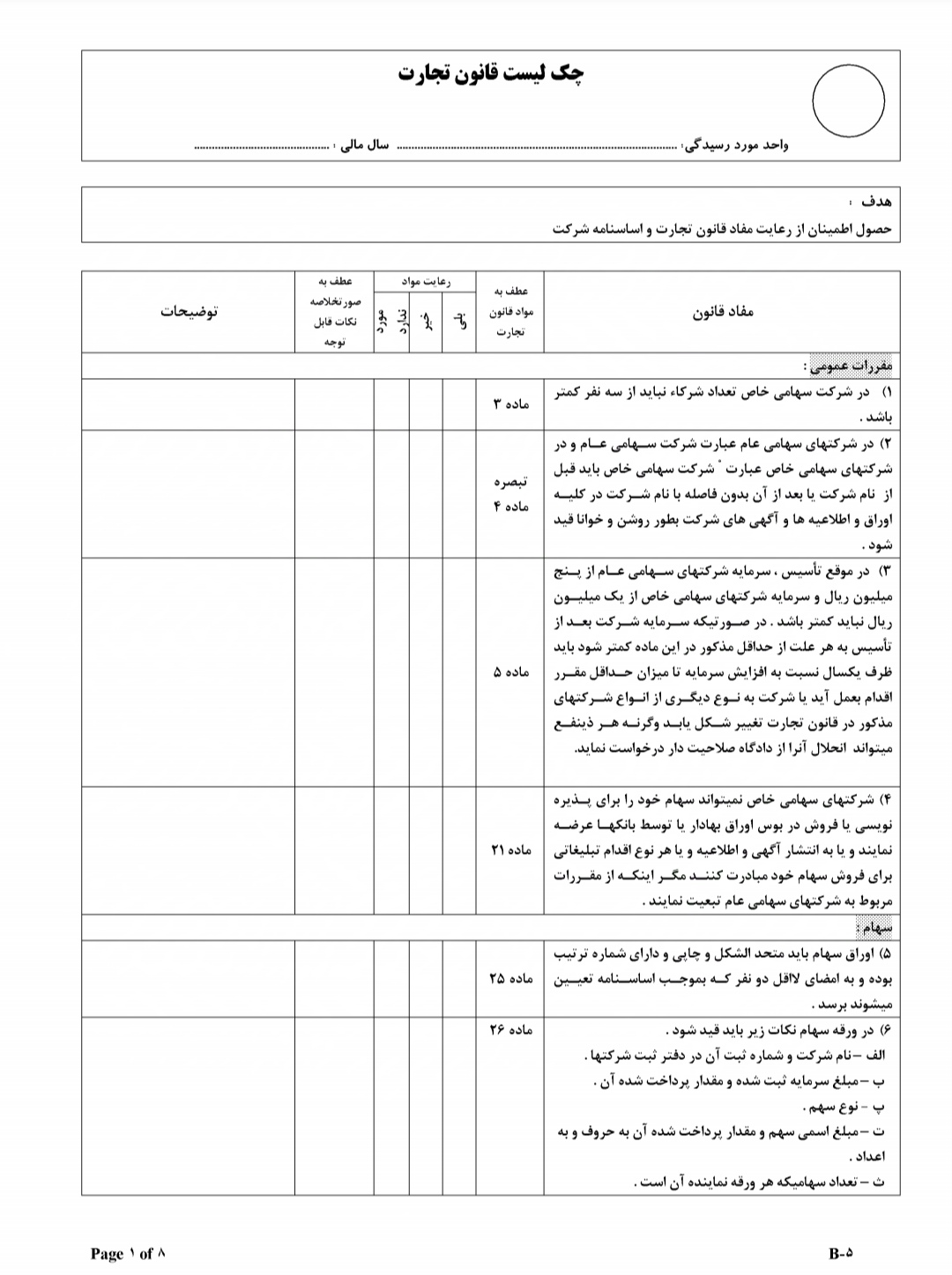 دانلود چک لیست رعایت مفاد قانون تجارت