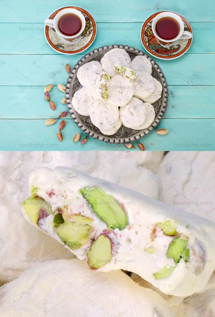 عکس با کیفیت گز آردی پسته ای تازه با فنجان چای - گرافیک با طعم تربچه