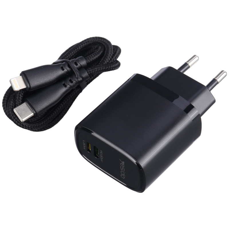 شارژر دیواری فست شارژ Yesido YC44 2Port 3A PD 20W   کابل آیفونی