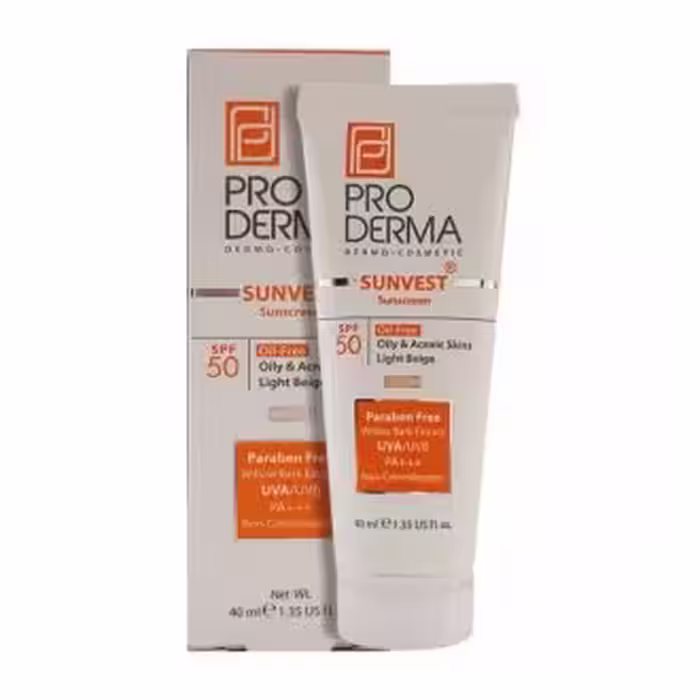 کرم ضدآفتاب فاقد چربی SPF50 بژ روشن پرودرما مناسب
