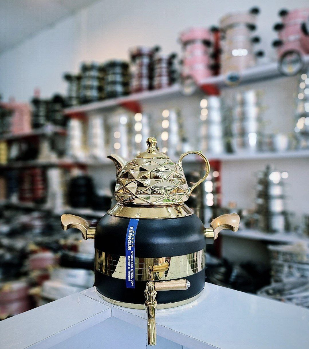 کتری قوری مشکی طلایی طرح ترک(VERNOUS)