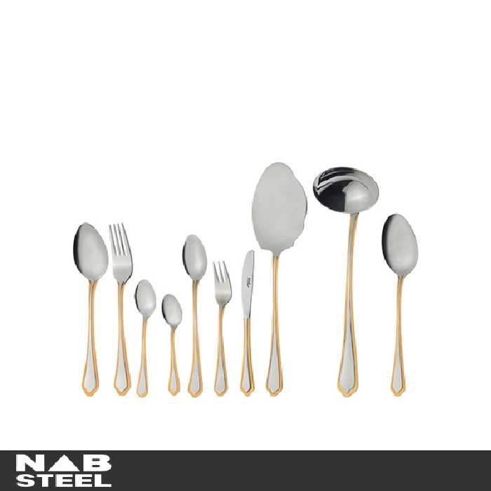 سرویس قاشق و چنگال ناب استیل 98 پارچه مدل ونیز دور طلایی جعبه کادویی